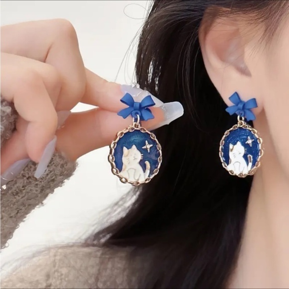 Blue Cat Earrings with Bow Accents